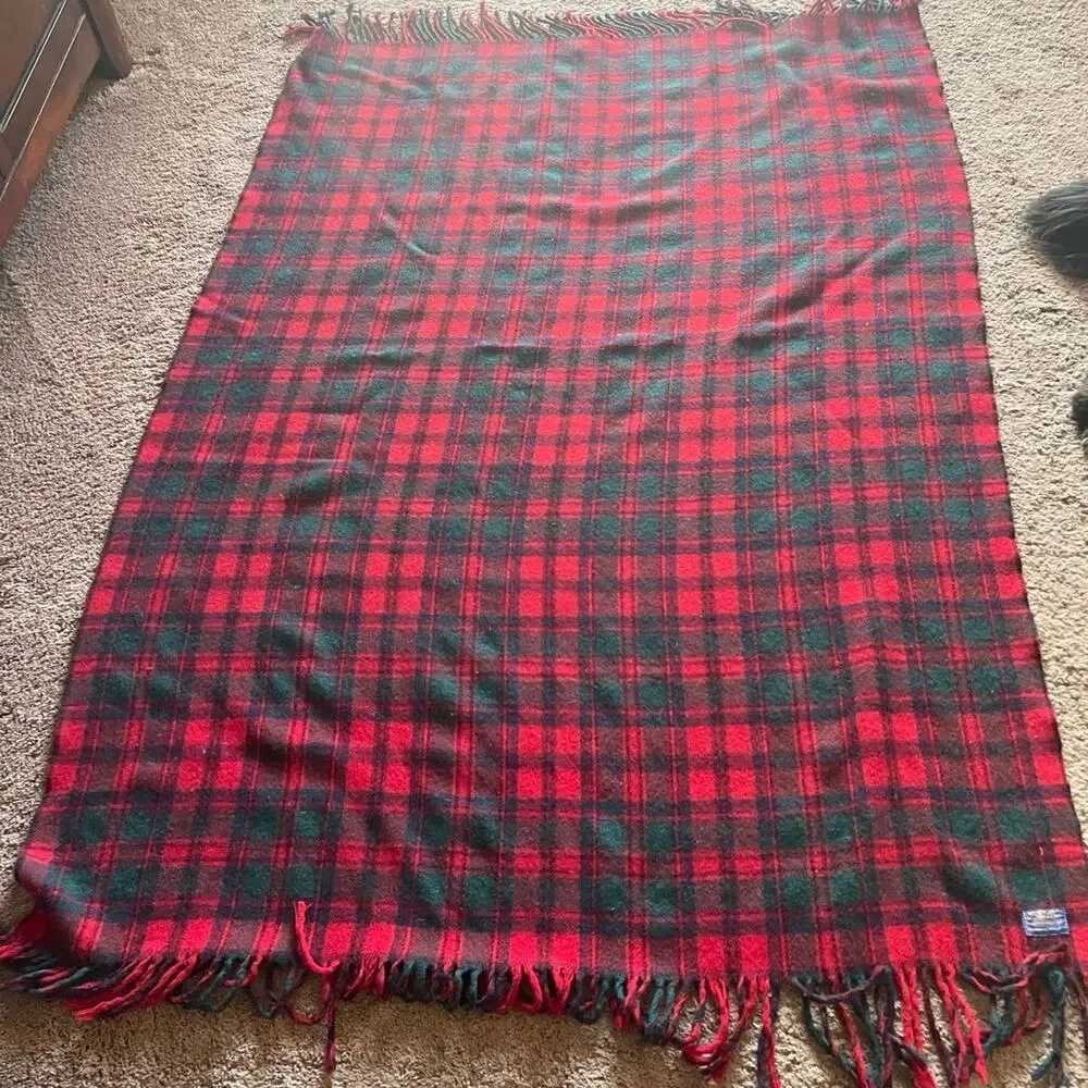 Vintage Pendleton tartan plaid red wool throw blanket